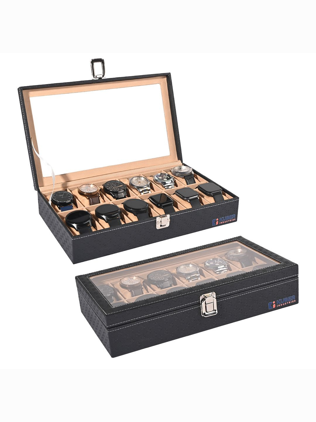 Kuber Industries Pack of 2 Black Faux Leather 12 Slots Watch Organiser for Men