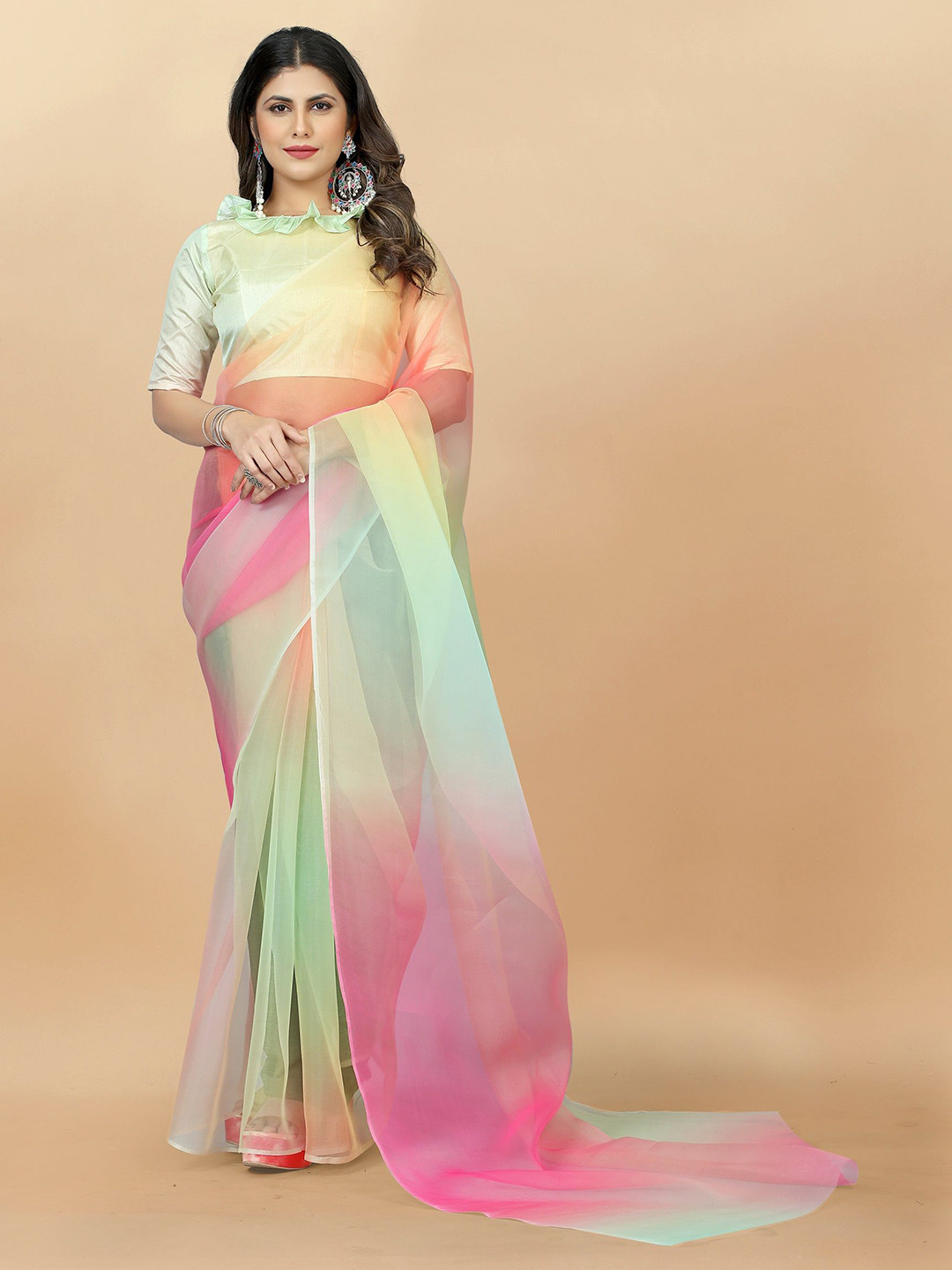 TATMIN Ombre Printed Holi Organza Saree