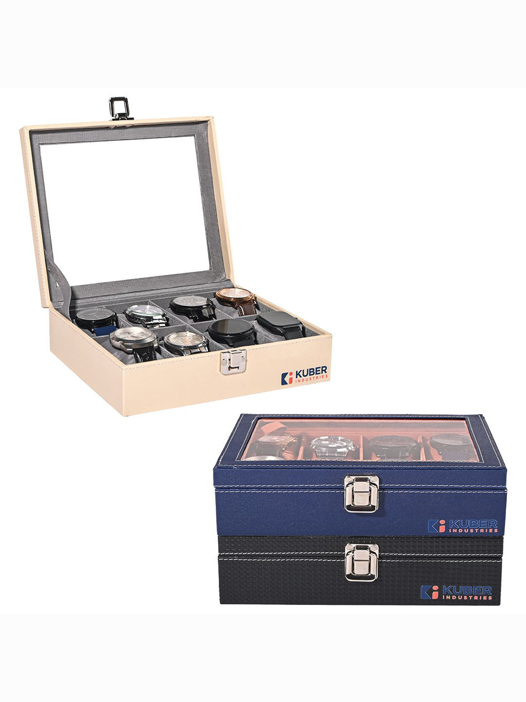 Kuber Industries Women Pack Of 3 Beige Black Faux Leather 8 Slots Watch Box For Storage