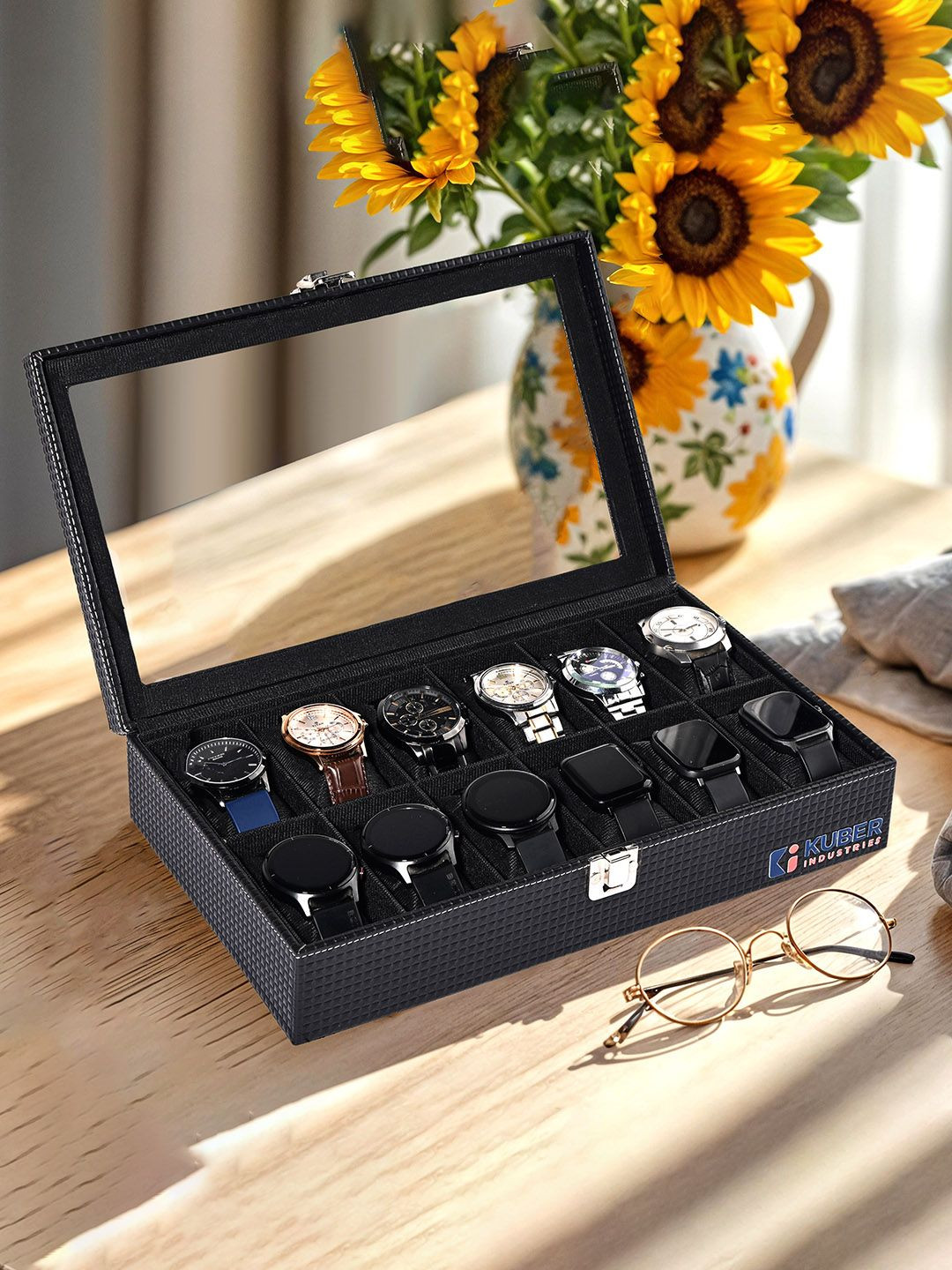 Kuber Industries Women 12 Slots black Faux Leather watch organiser watch box