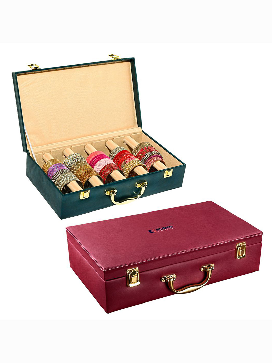 Kuber Industries Teal and Maroon Set of 2 Faux Leather Bangle Box Jewellery Organisers