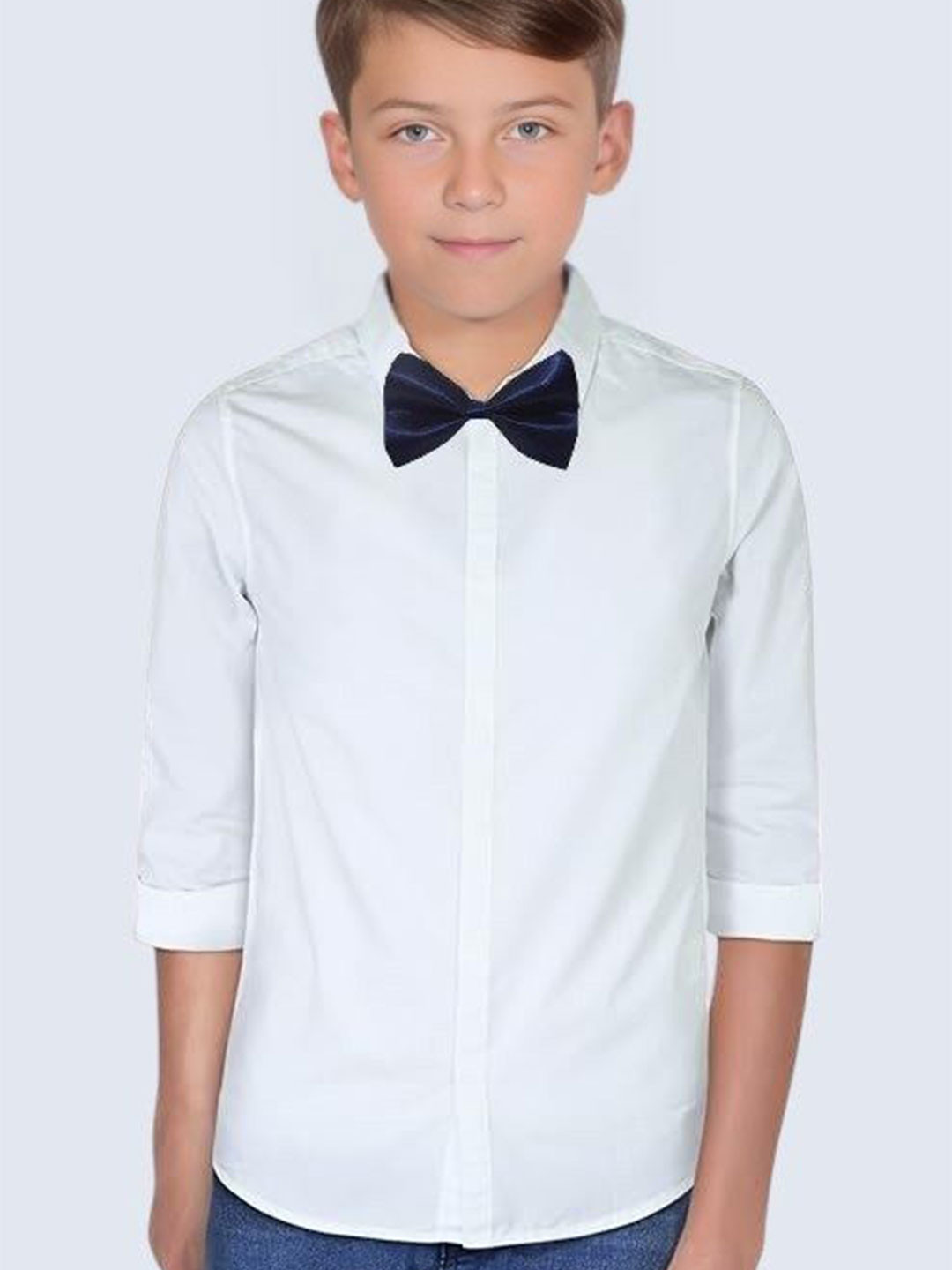 Eliq Boys Solid Comfort Fit Cotton Party Shirt With Bow Tie