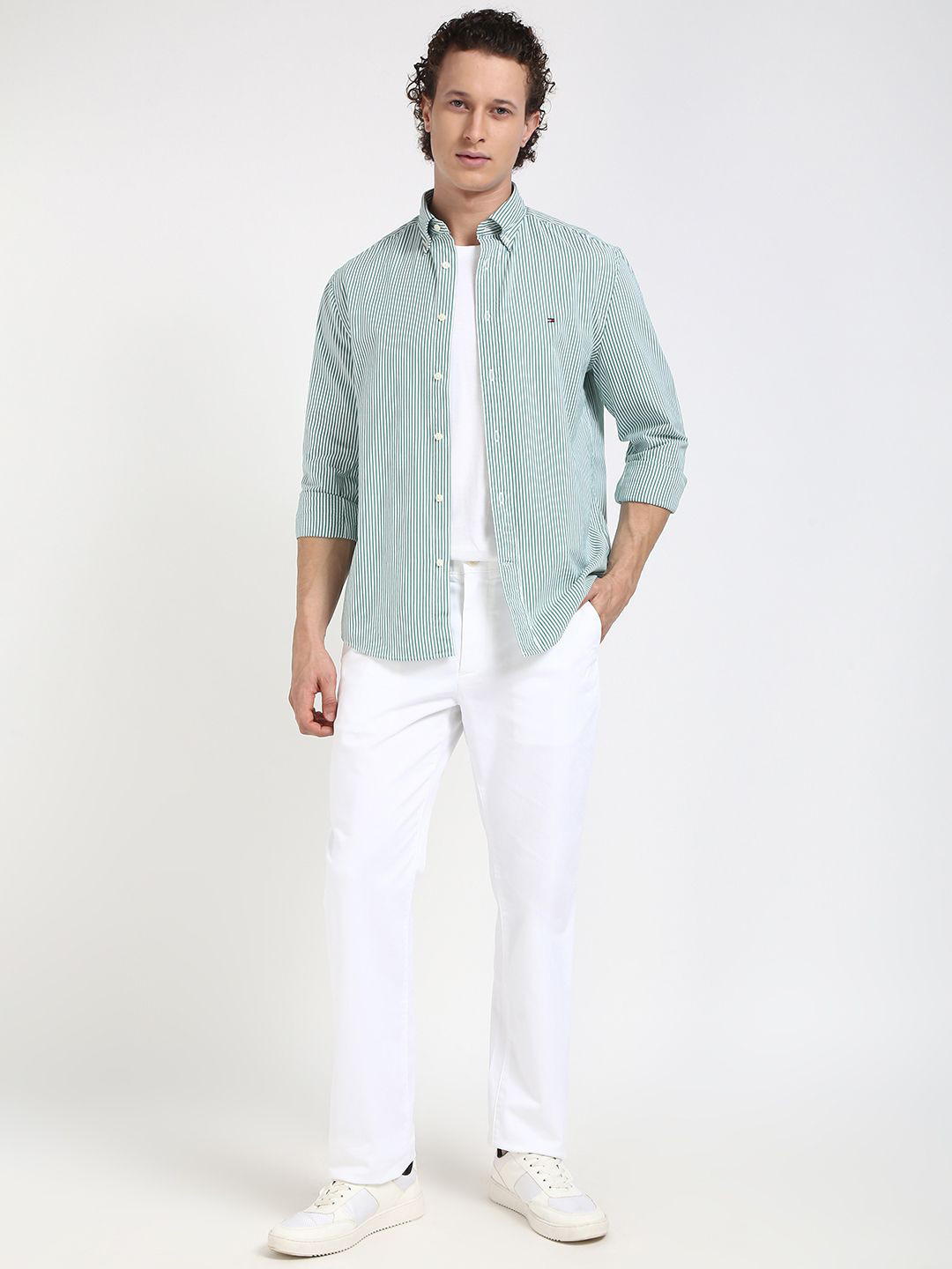 Tommy Hilfiger Men FLEX Button-Down Collar Pinstripes Printed Cotton Casual Shirt