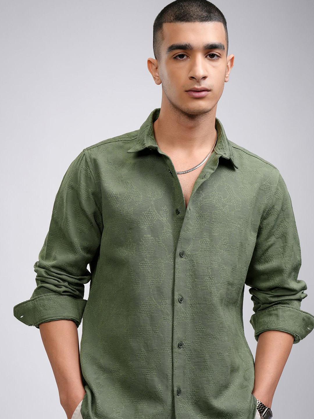 HIGHLANDER Men Micro Waffel Jacquard Textured Ocassion Shirt