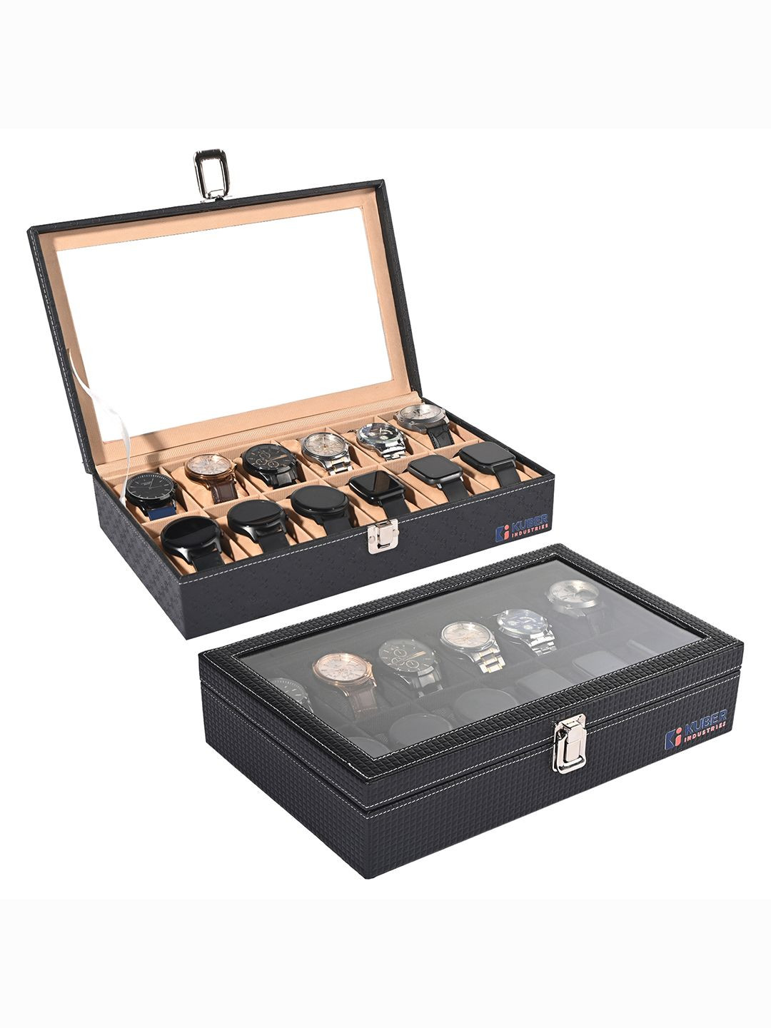 Kuber Industries Men Pack Of 2 Gold Black Faux Leather 12 Slots Watch Organiser
