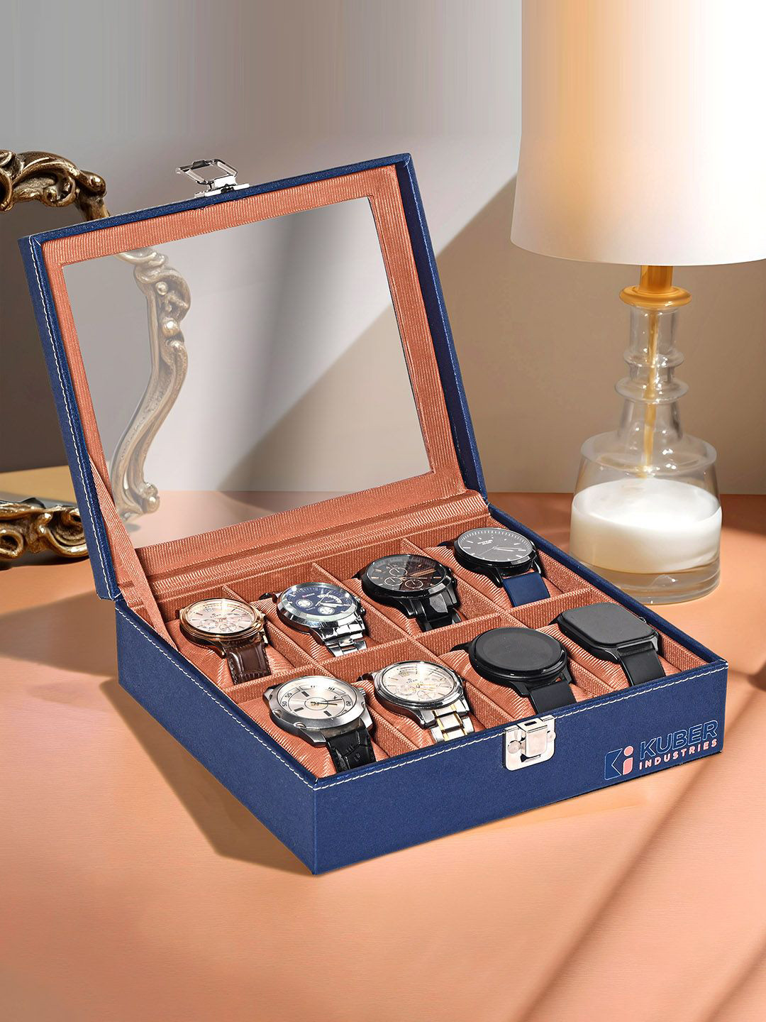 Kuber Industries 8 Slots Navy Blue Premium Faux Leather Wrist Watch Organisers watch box