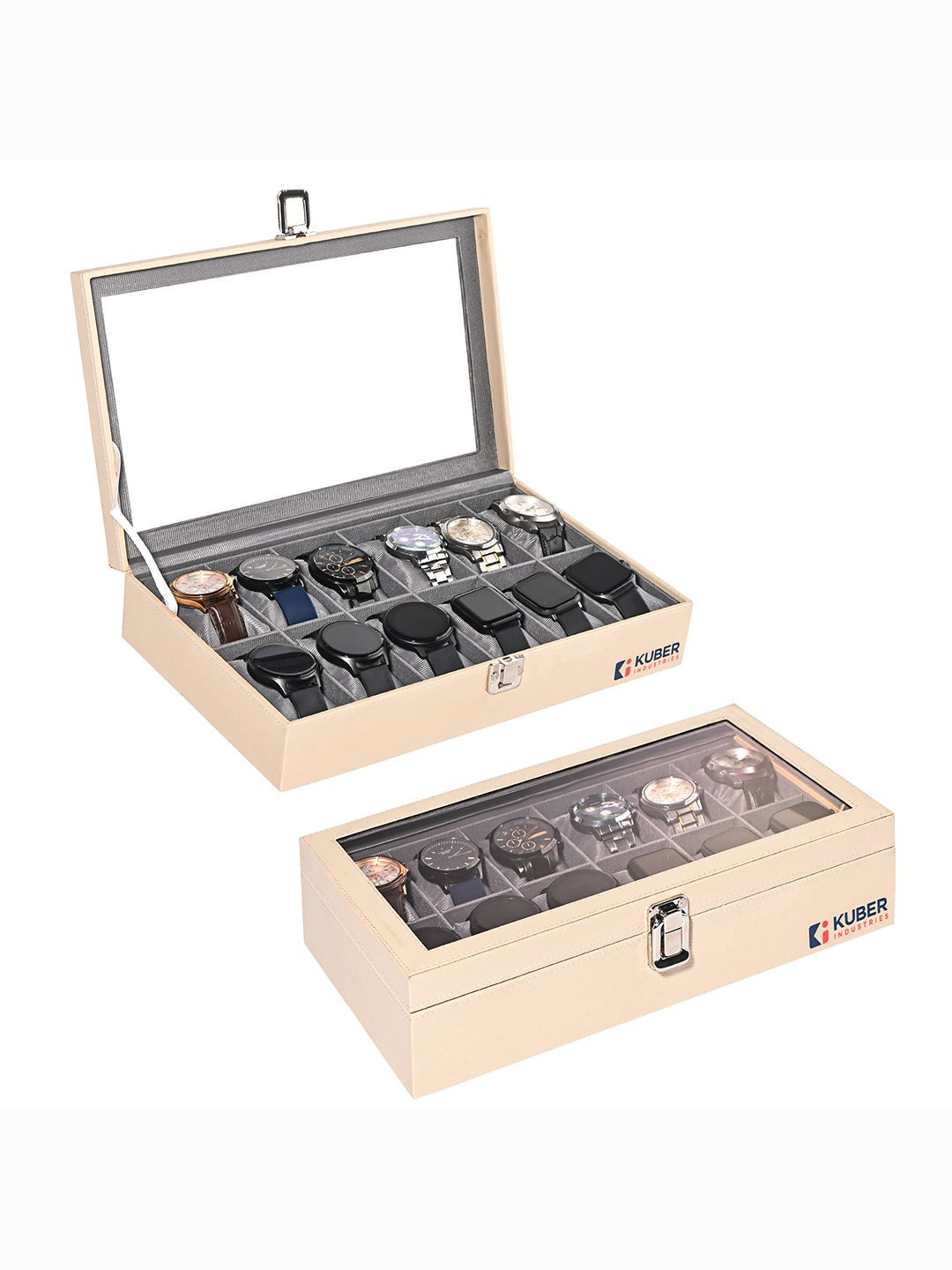Kuber Industries Cream-Colored 2 Pieces Premium Faux Leather 12 Slot Wrist Watch Organiser