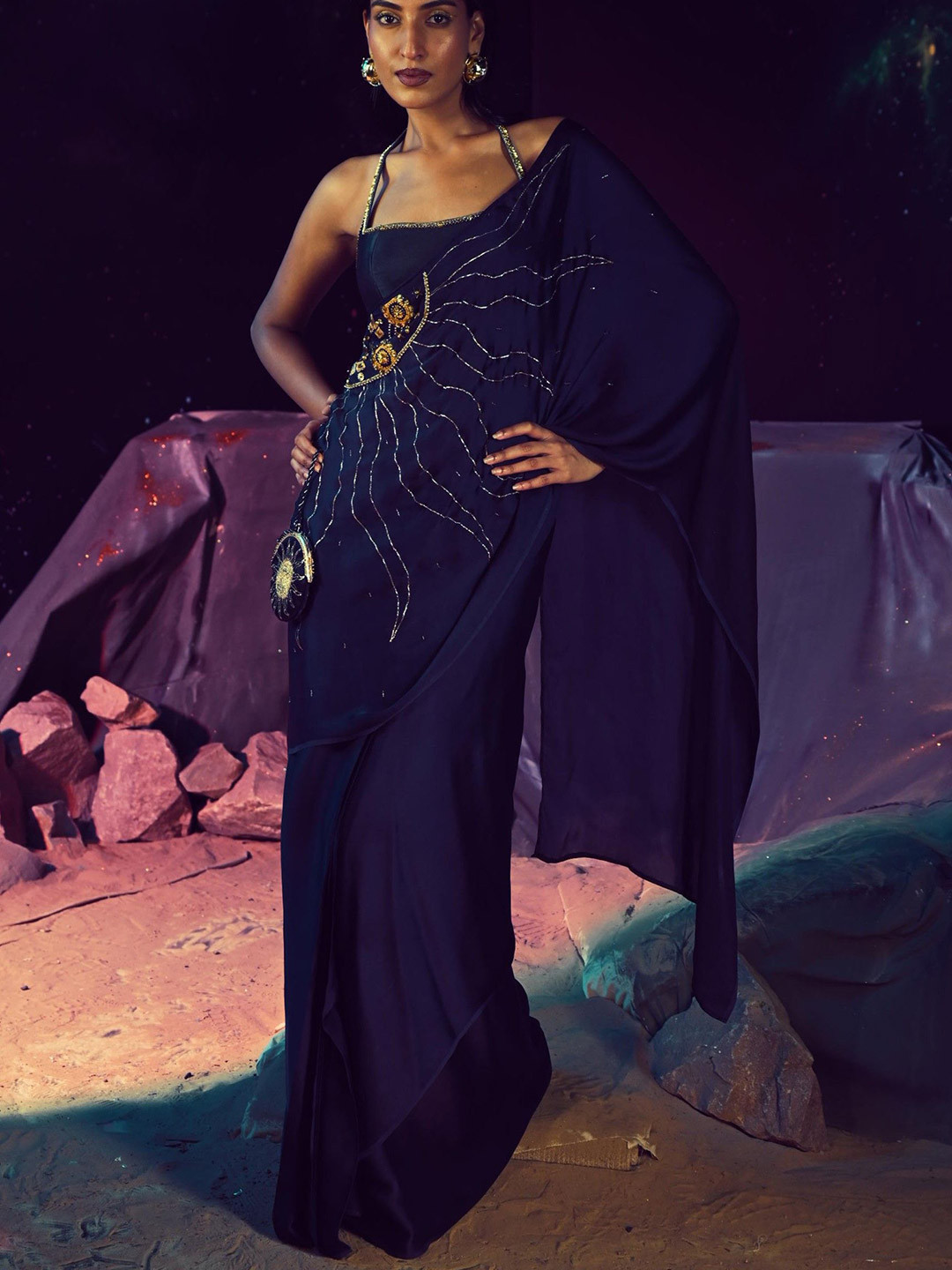 Baise Gaba Embellished Beads and Stones Satin Solina Saree