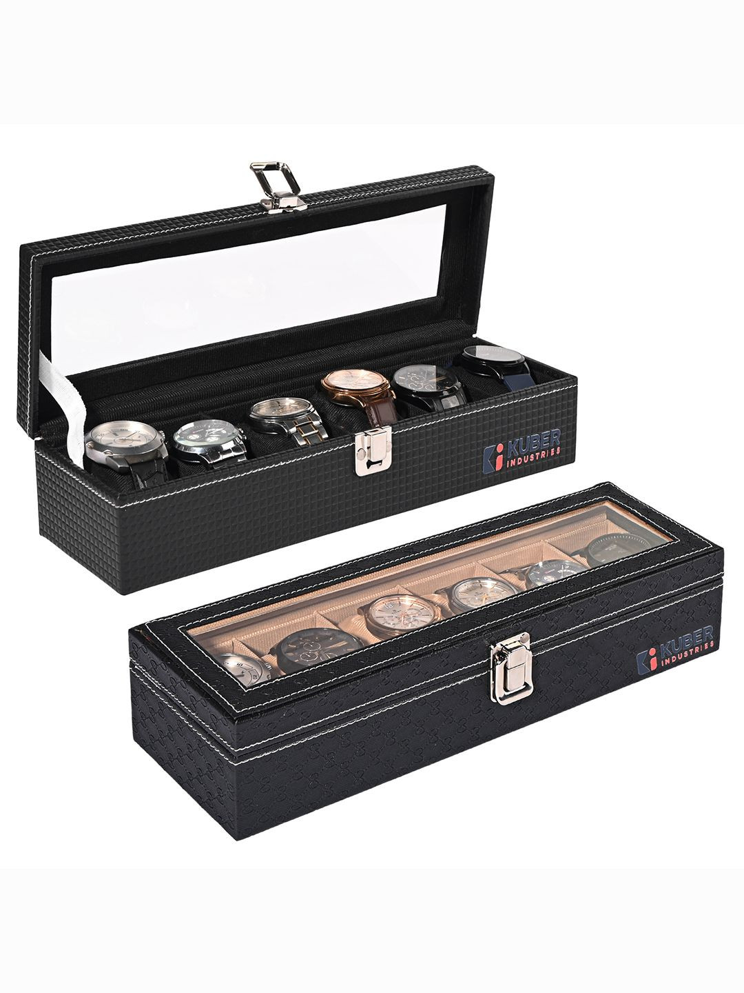 Kuber Industries 2 Pcs 6 SlotsGold-Toned Faux Leather Wrist Watch Organisers storage