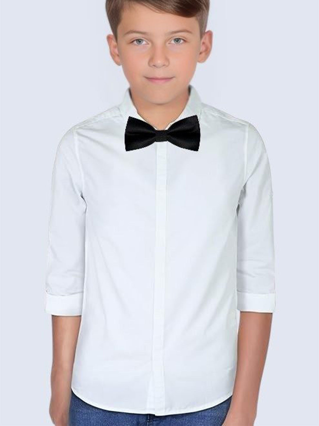 Eliq Boys Solid Comfort Fit Cotton Party Shirt With Bow Tie