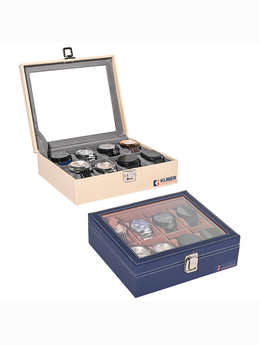 Kuber Industries Pack of 2 beige Faux Leather 8 Slots watch organizer storage box gift