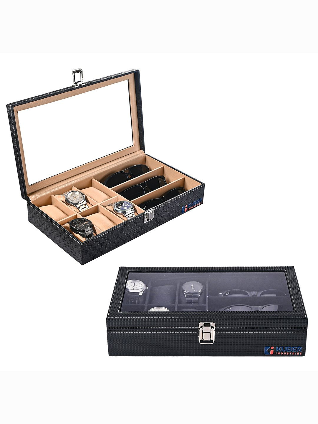 Kuber Industries Black 2Pcs Premium Faux Leather 6+3 Slots Sunglasses Watch Organiser Box