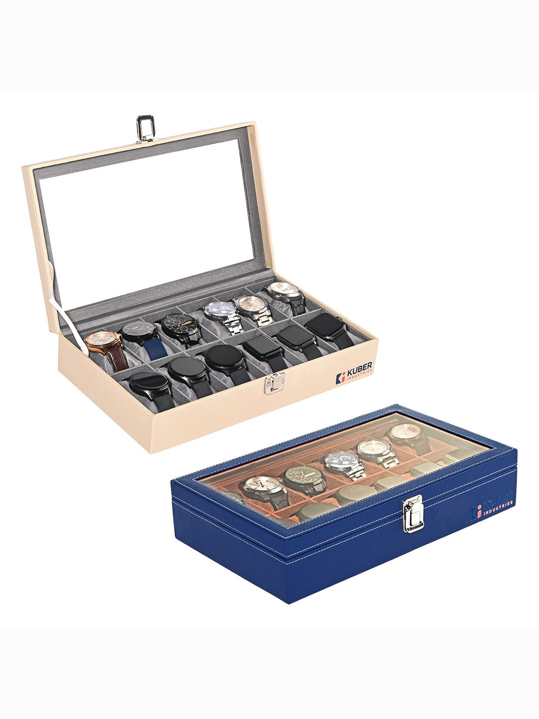 Kuber Industries pack of 2 Grey & Navy Blue Faux Leather 12 Slots watch organiser for men