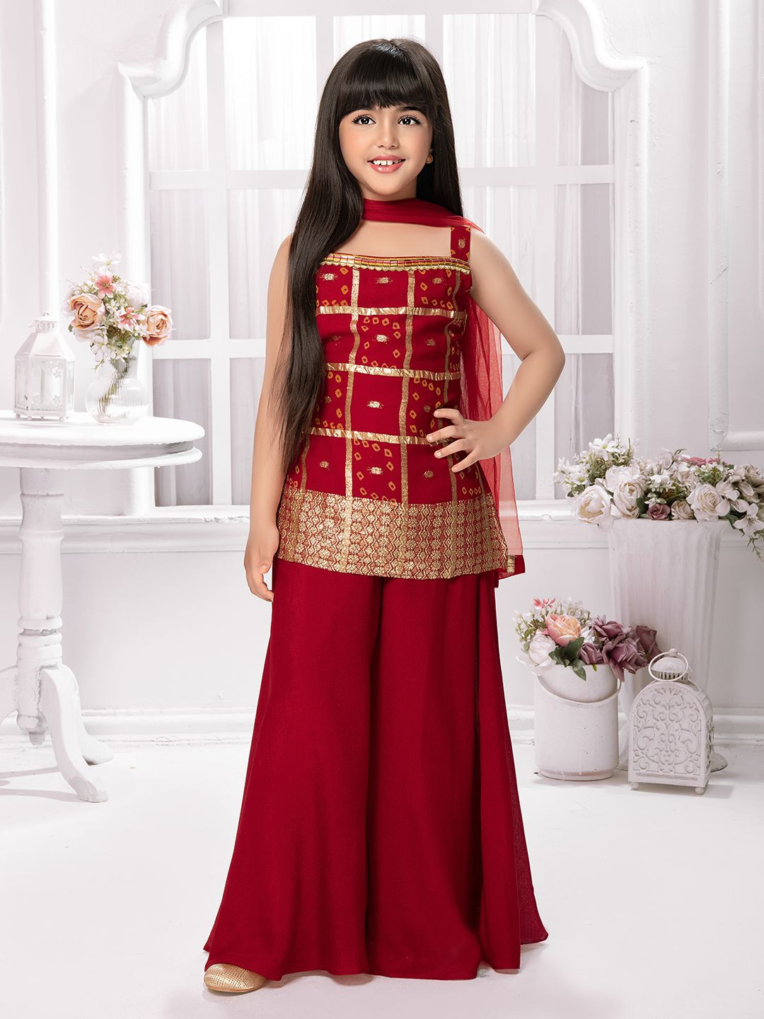 Tiny Kingdom Girls Geometric Woven Design Shoulder Straps Kurti With Palazzo And Dupatta