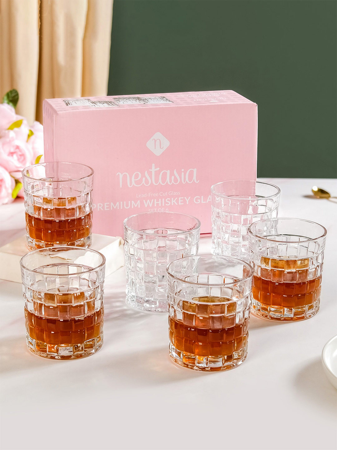 Nestasia 6 Pieces Transparent Textured Luxury Whiskey Glass 350 ml each