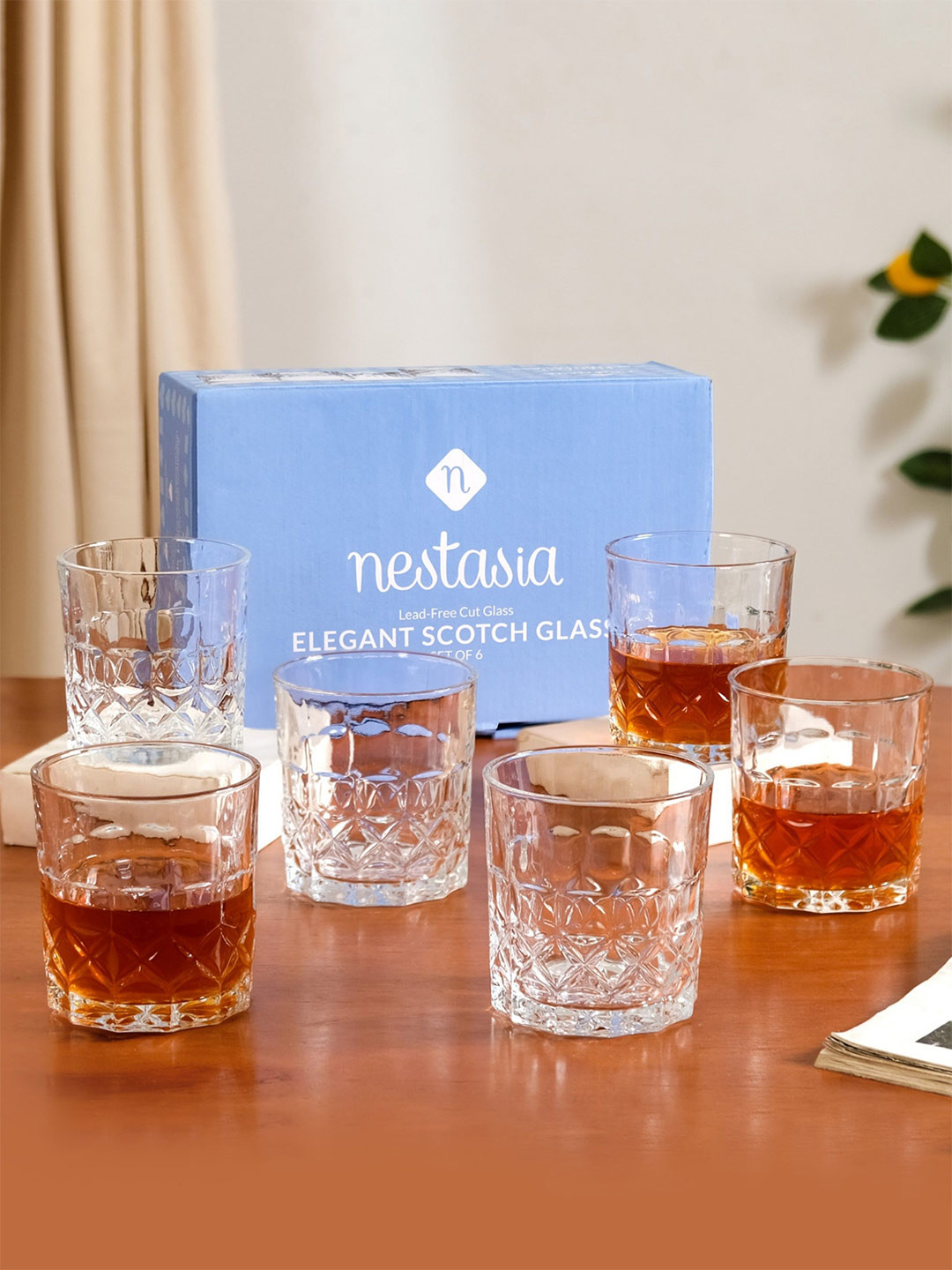 Nestasia 6 Pieces Geometric Transparent Scotch Glass 350 ml each