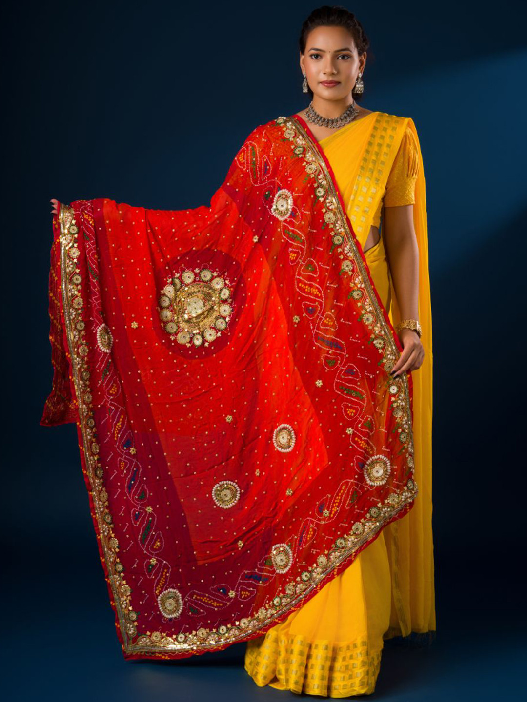 KCPC BANDHANI Bandhani Embroidered Beads and Stones Pure Georgette Rajasthani Dupatta