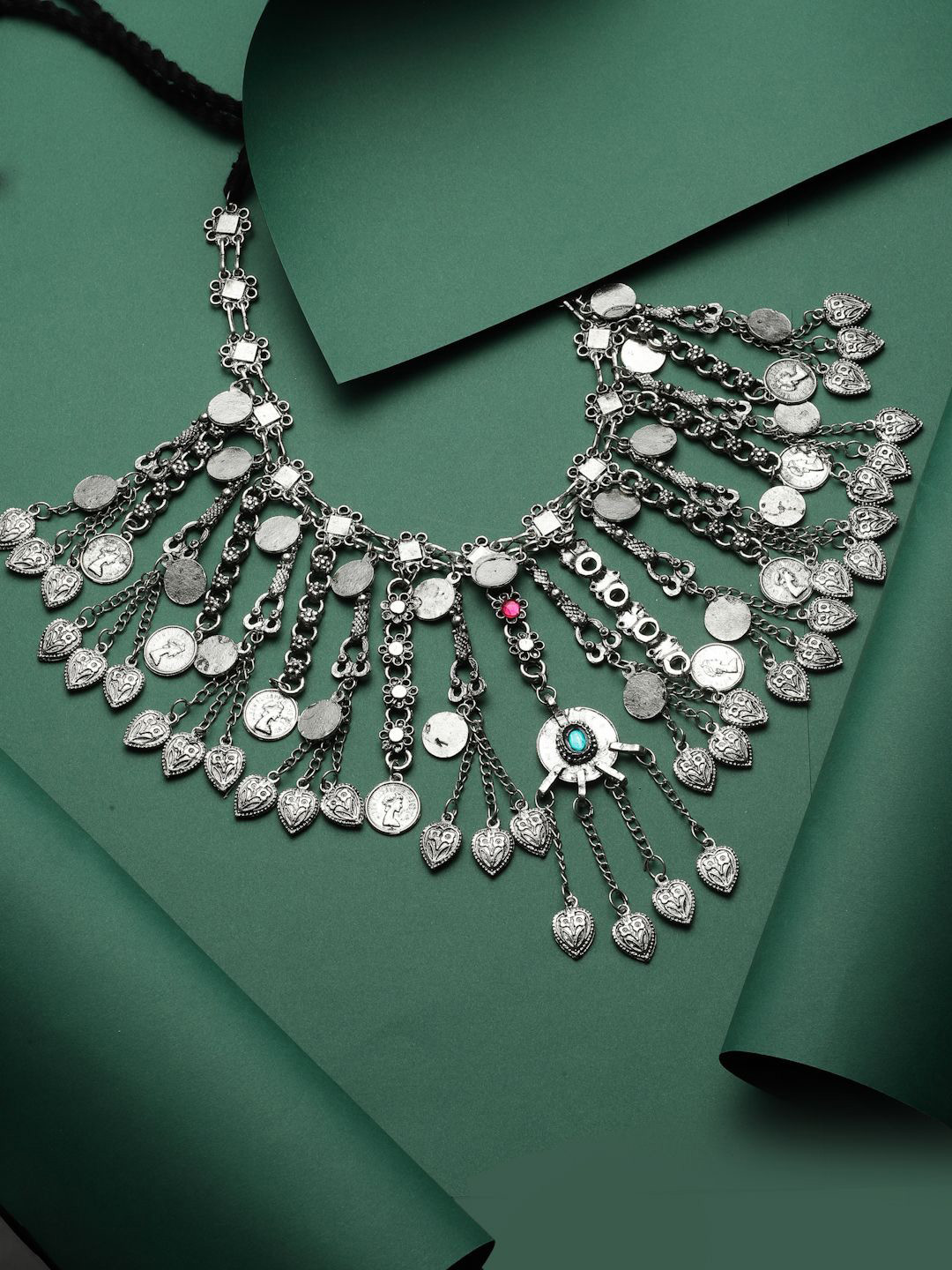 Moedbuille Silver-Plated Stone Studded Afghan Tribal Design Oxidised Choker Necklace