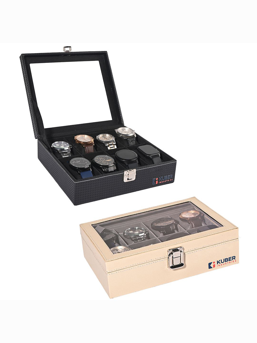 Kuber Industries Men Pack Of 2 Black Beige Leather 8 Slots Watch Organiser Accessories