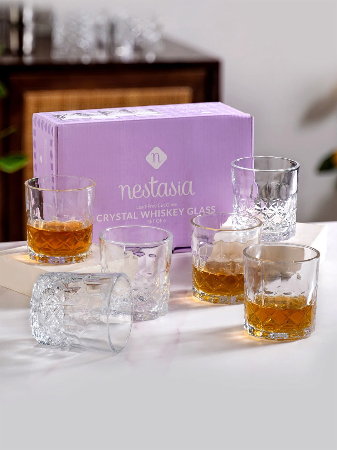 Nestasia Transparent 6 Pieces Geometric Embossed Whiskey Glass 240ml