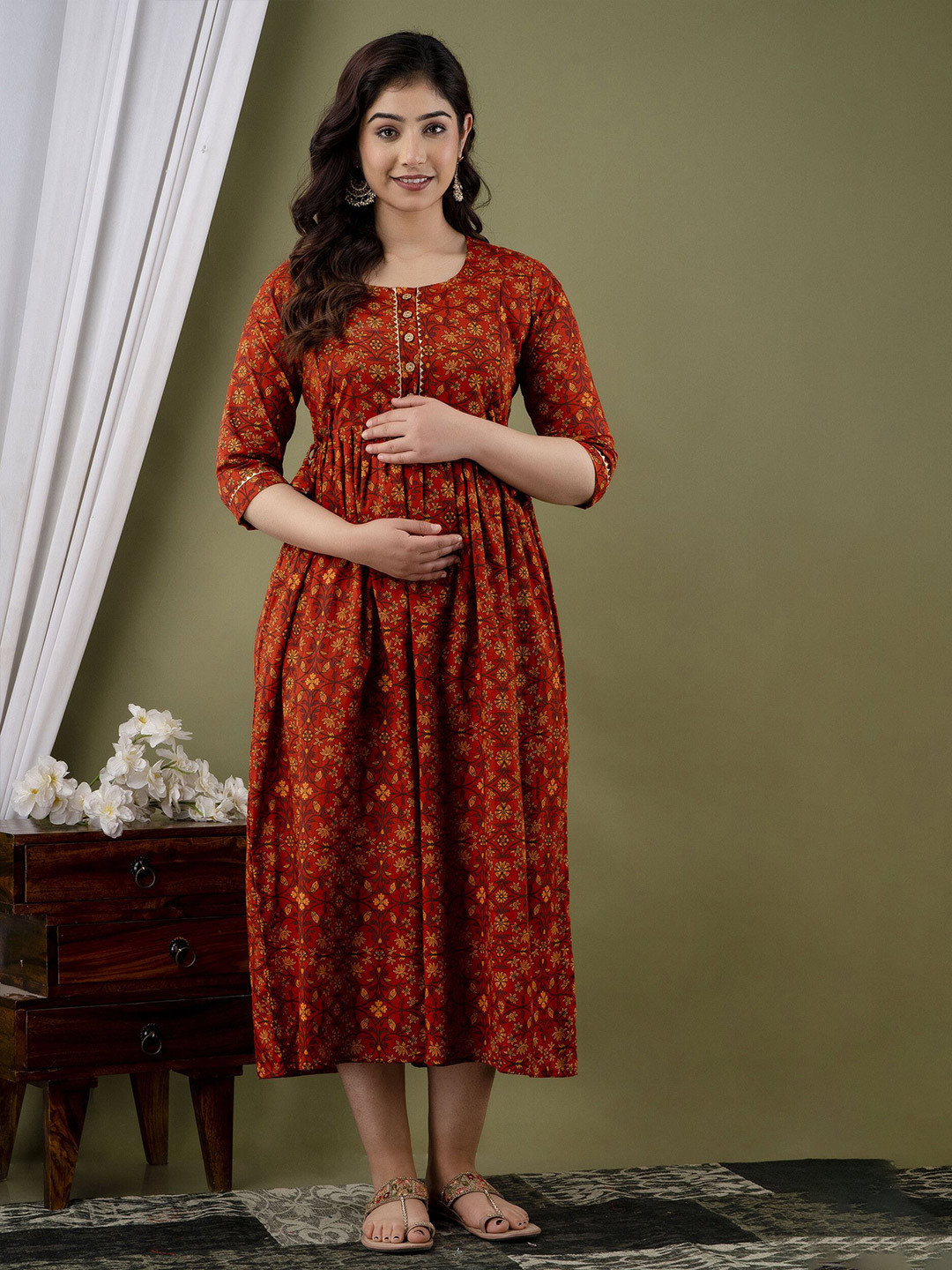 mad fury Women Floral Printed Maternity Fit and Flare Midi Dress