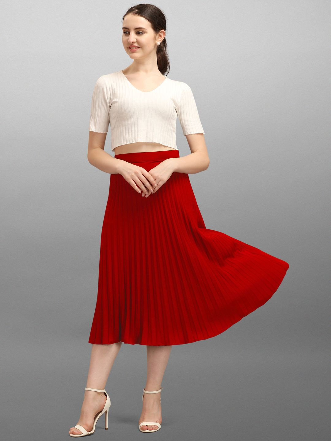 ZWERLON Women Accordion Pleats Slip On Linen Midi Skirt