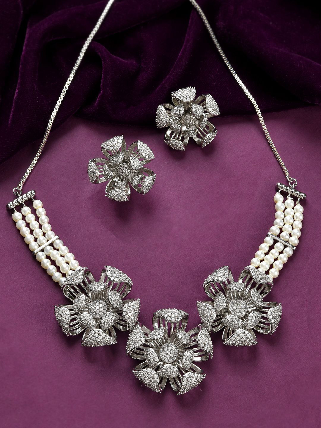 Voylla Rhodium-Plated AD-Studded Royal Romance Jasmine Statement Choker Jewellery Set
