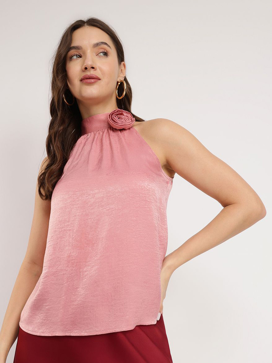 FableStreet Halter Neck Satin Pink Top