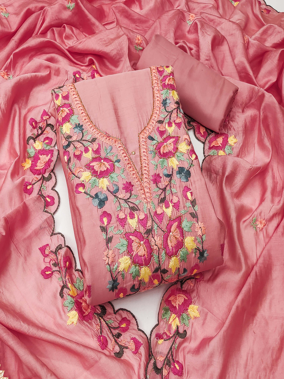 HERE&NOW Floral Embroidered Roman Silk  Unstitched Dress Material