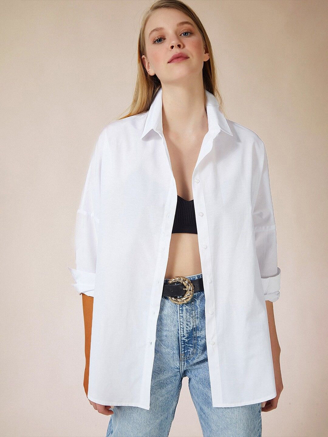 WHY SO FAB Women Comfort Oversized Fit Spread Collar Solid Cotton Casual Shirt