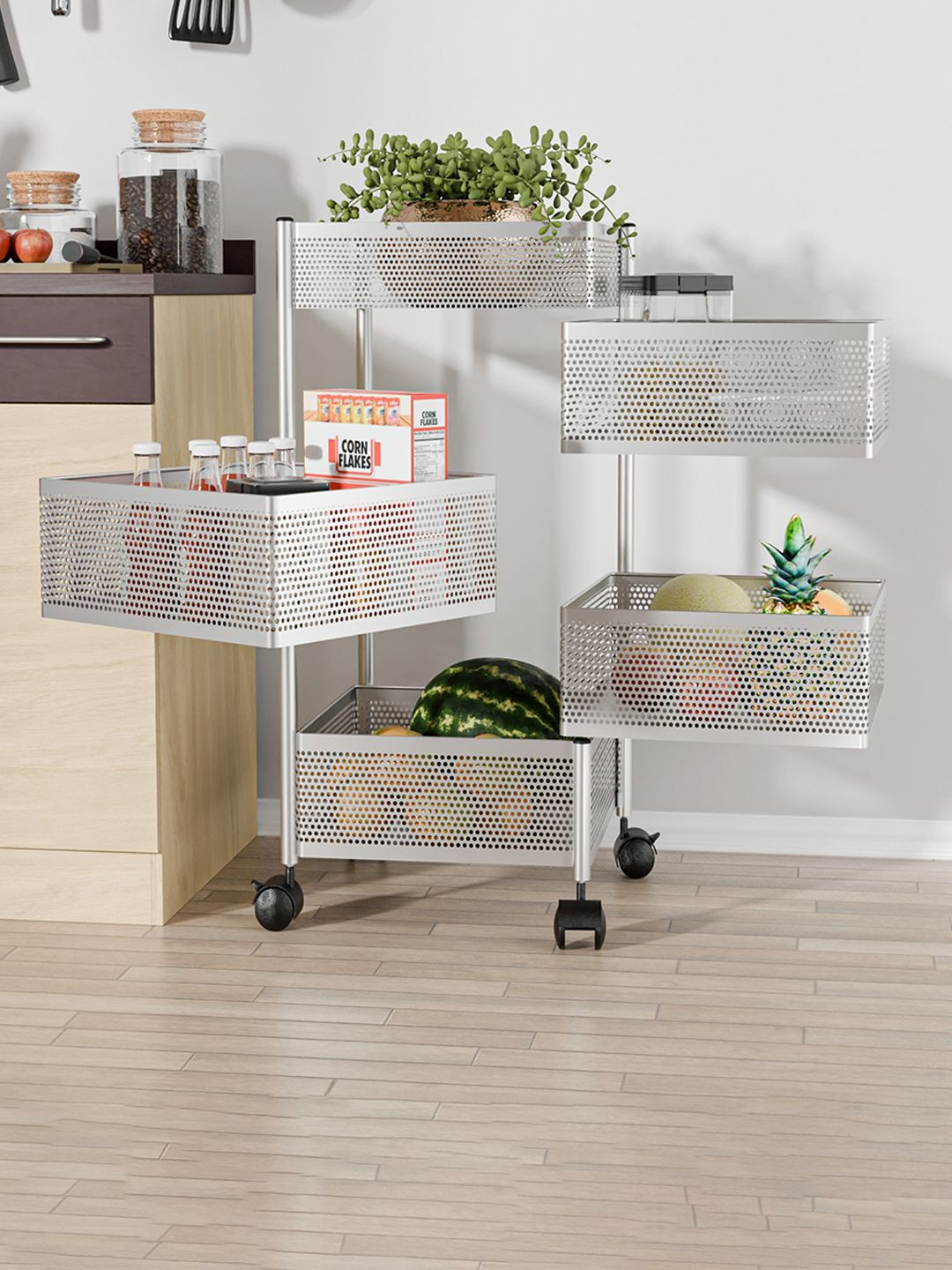 Kuber Industries 4+1 Layer Kitchen Storage Rack with Wheels Unisex Silver Kitchen Trolley