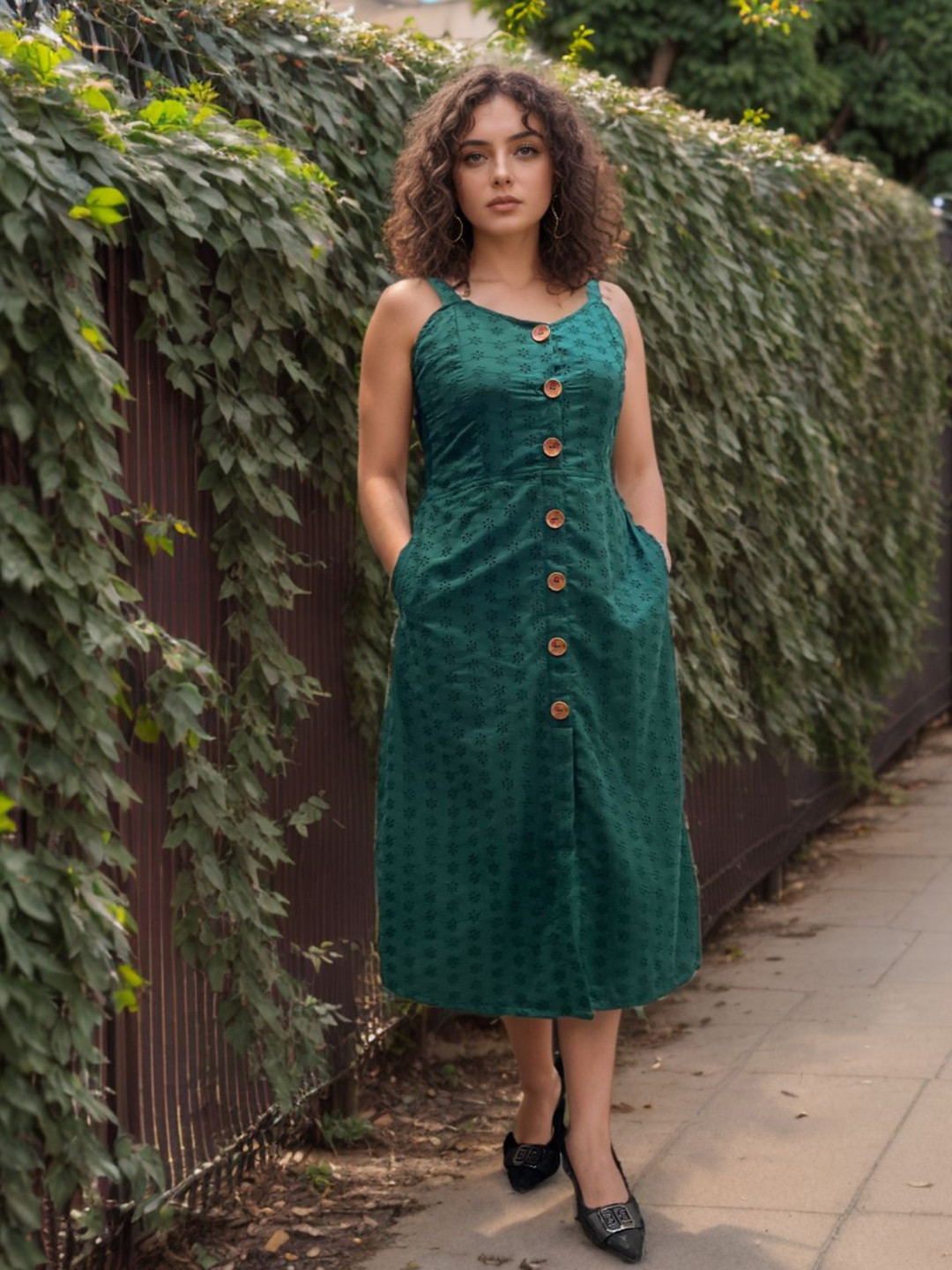 Isthitos Floral Embroidered Emerald Chikankari Cotton A-Line Midi Dress