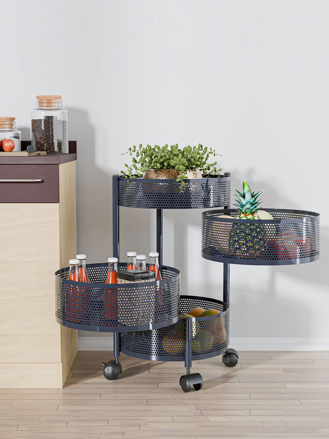 Kuber Industries 3+1 Layer Kitchen Metal Storage Rack with Wheels Grey Kitchen Trolley