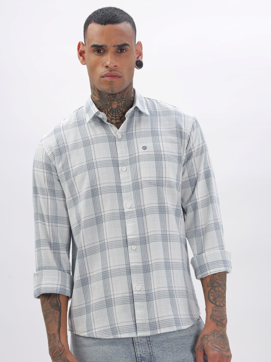 BS BLUE SQUAD Men India Slim Fit Spread Collar Tartan Checked Cotton Casual Shirt