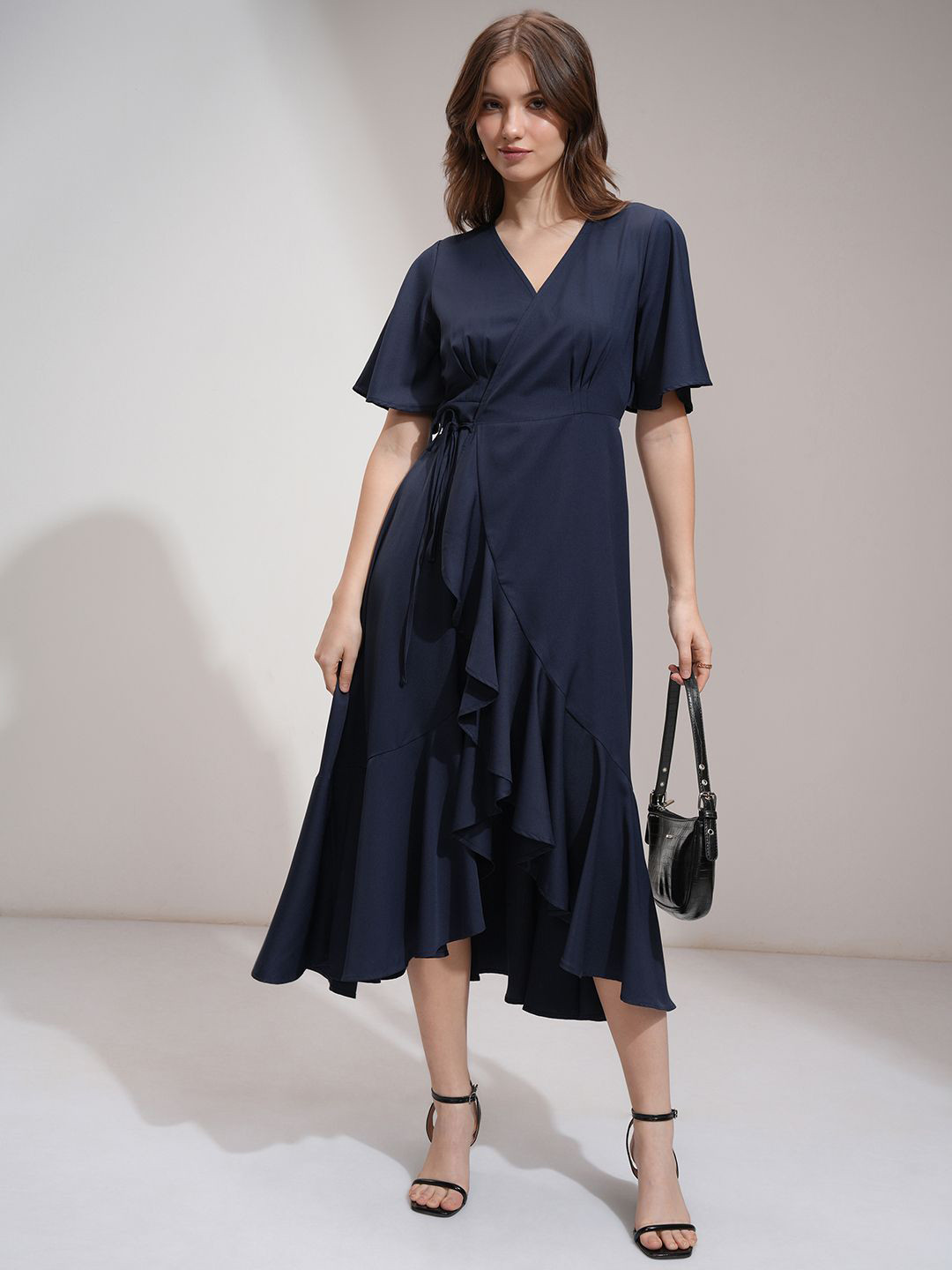 Tokyo Talkies Women Solid Ruffled Hi-Low Wrap Midi Dress