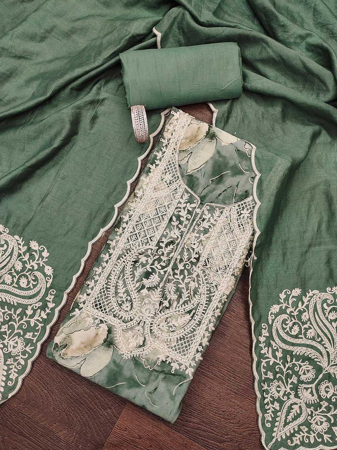 HERE&NOW Floral Embroidered TThread Work Unstitched Dress Material