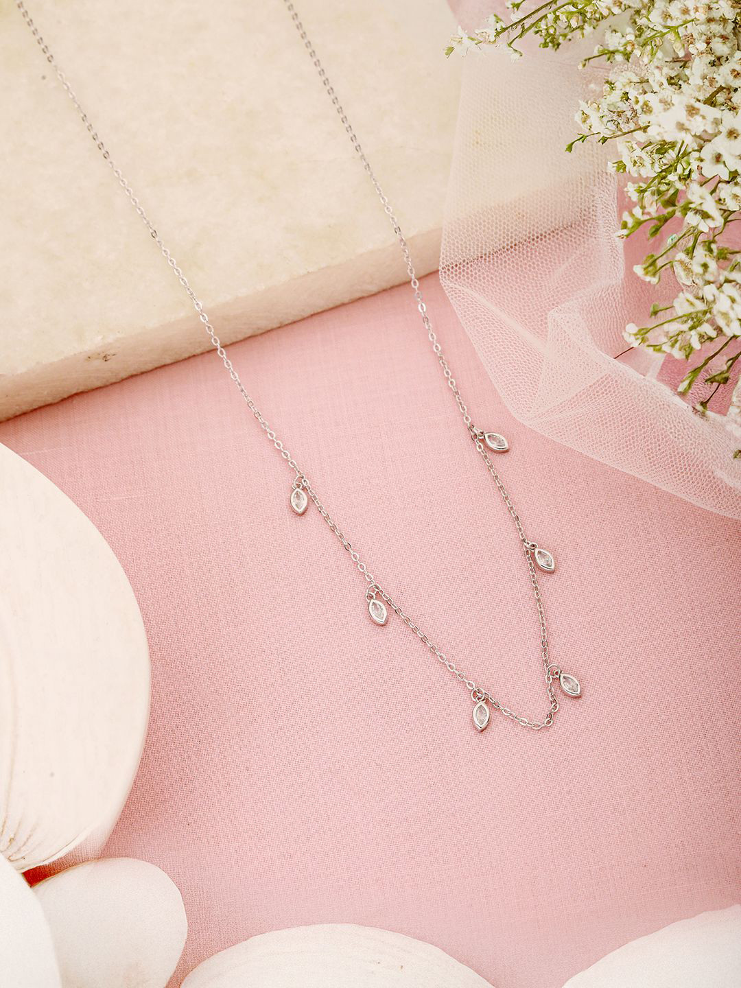 SARAF SILVERETZ 925 Sterling Silver-Plated CZ Studded Unique Solitaire Charms Chain