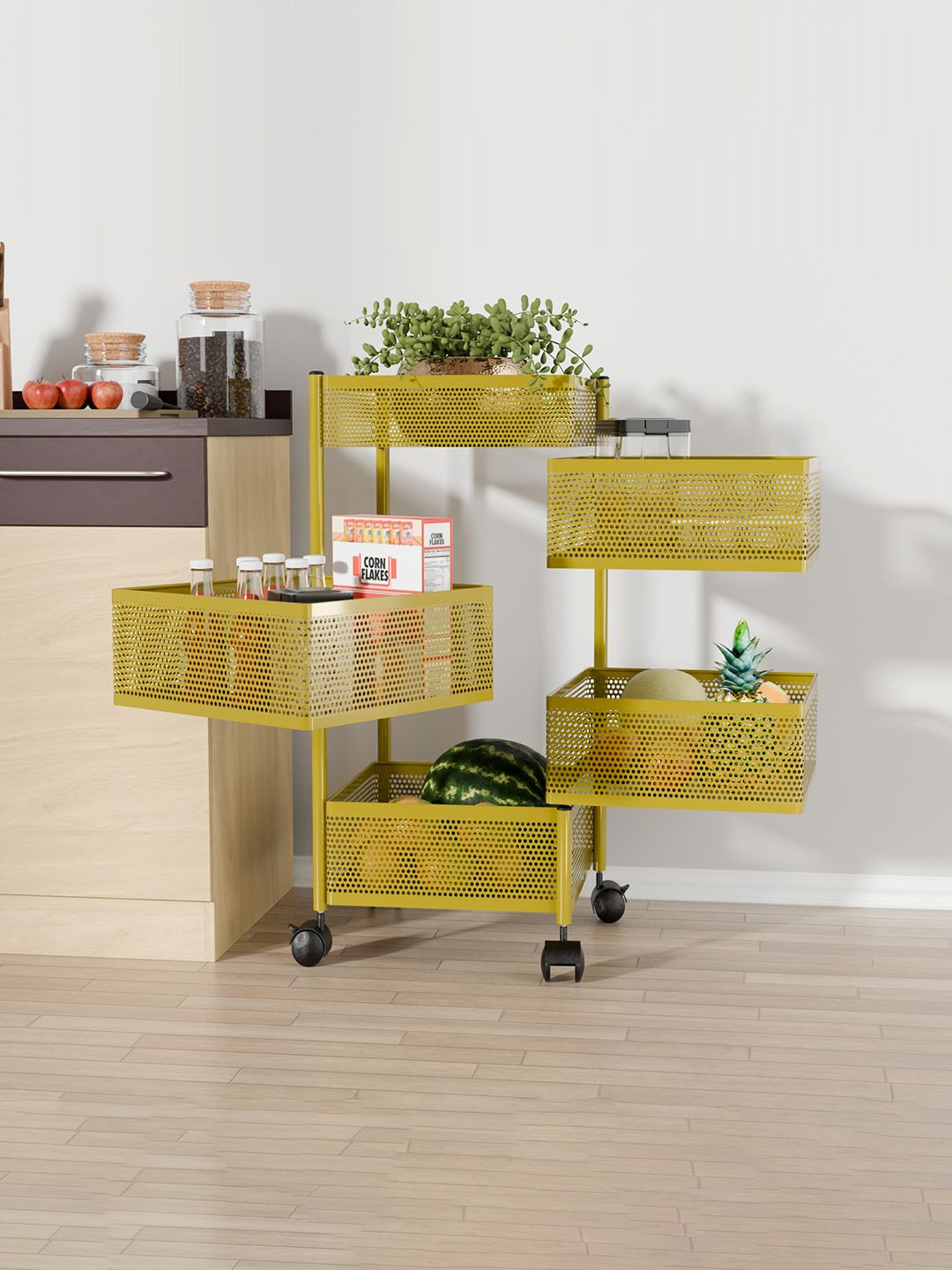 Kuber Industries Gold-Toned 4+1 Layer Storage Rack with Wheels Kitchen Trolley