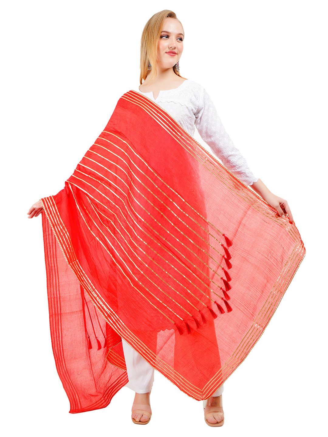 Way2Like Striped Tasselled Gota Patti Lace Chunni Ethnic Hijab Scarf Wrap Silk Dupatta