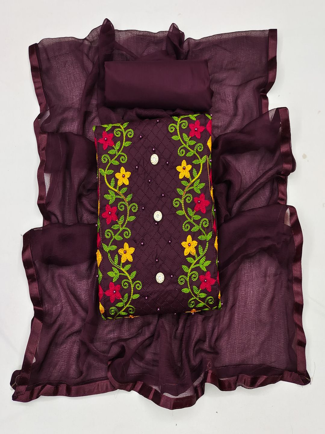 TRYSTON Floral Embroidered Beads And Stones Unstitched Dress Material