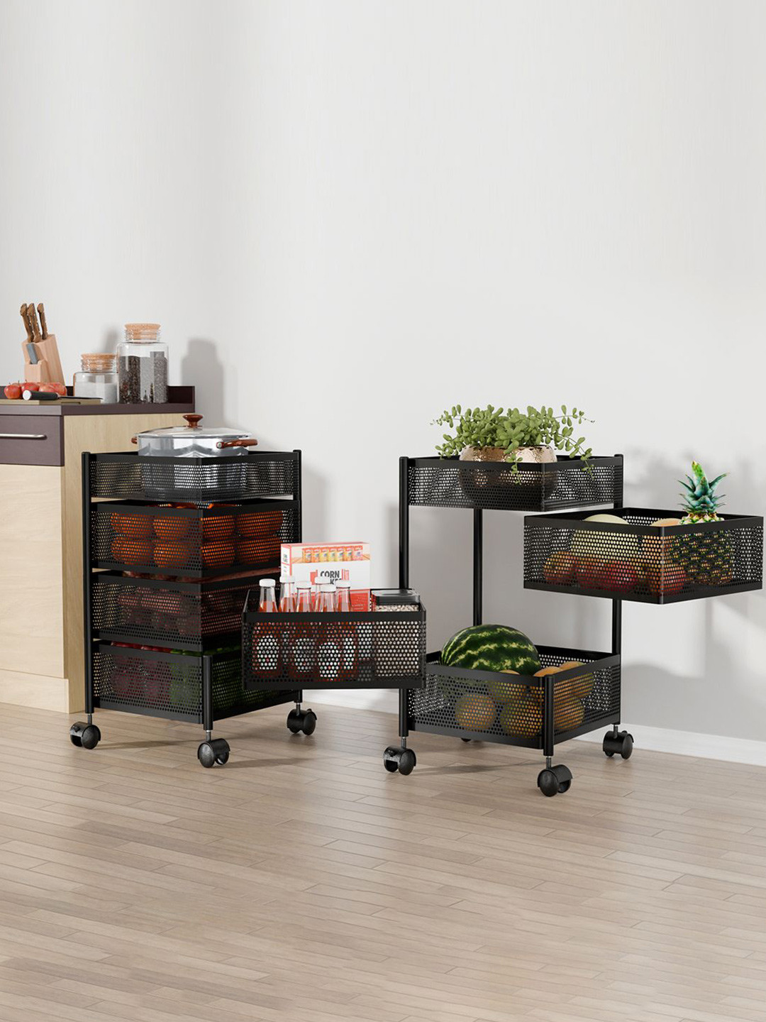 Kuber Industries Pack of 2 Kitchen 3+1 Layer Metal Storage Rack Kitchen Trolley Black