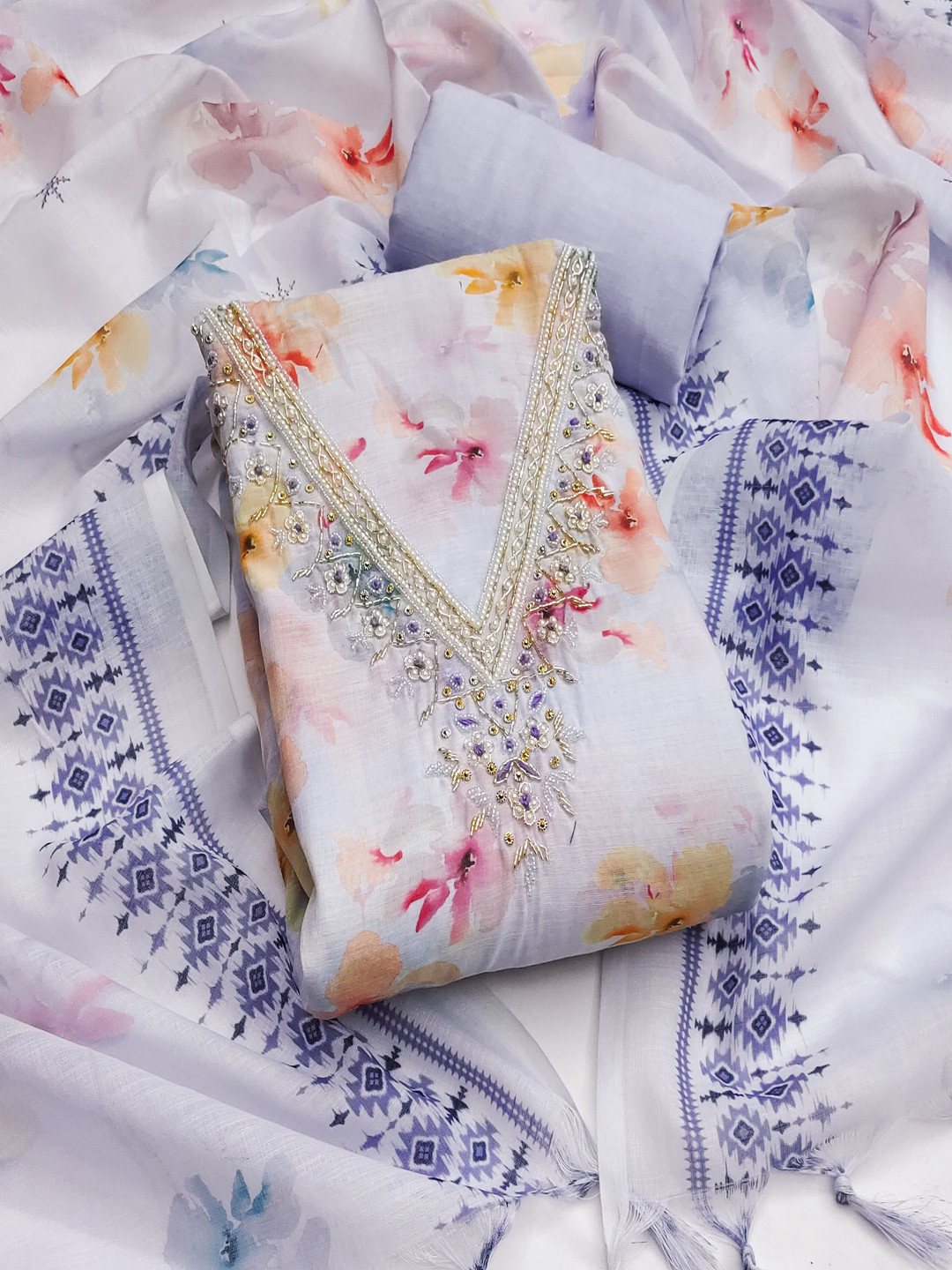 HERE&NOW Floral Embroidered Beaded Work Lilan Cotton Unstitched Dress Material