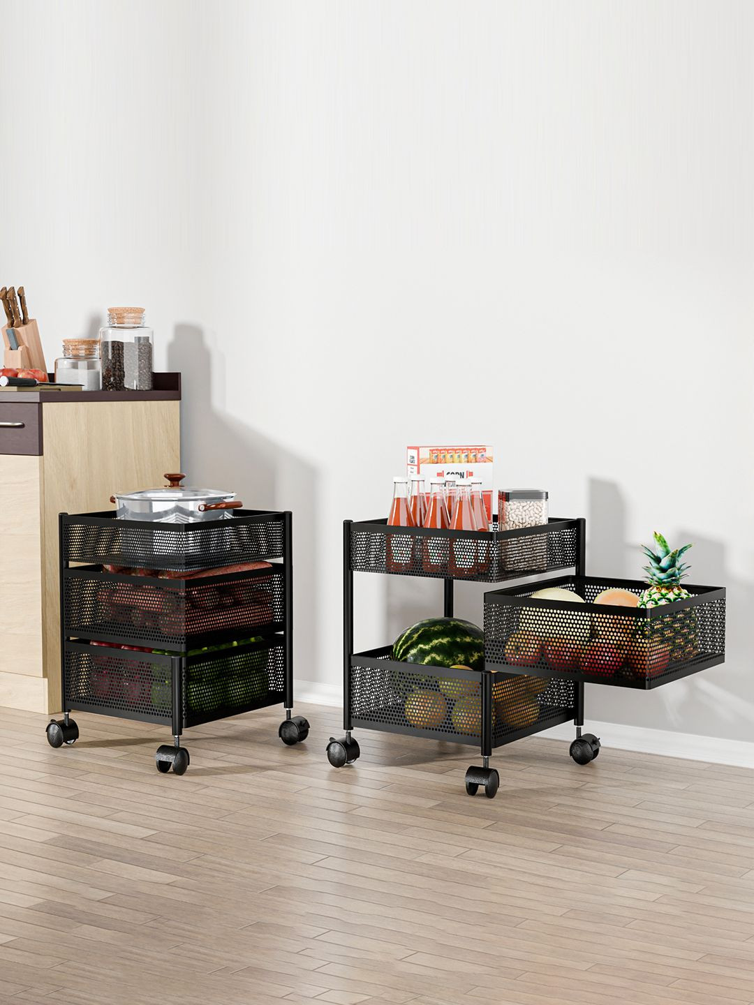 Kuber Industries Unisex Pack of 2 Kitchen 2+1 Layer Metal Storage Kitchen Trolley Black