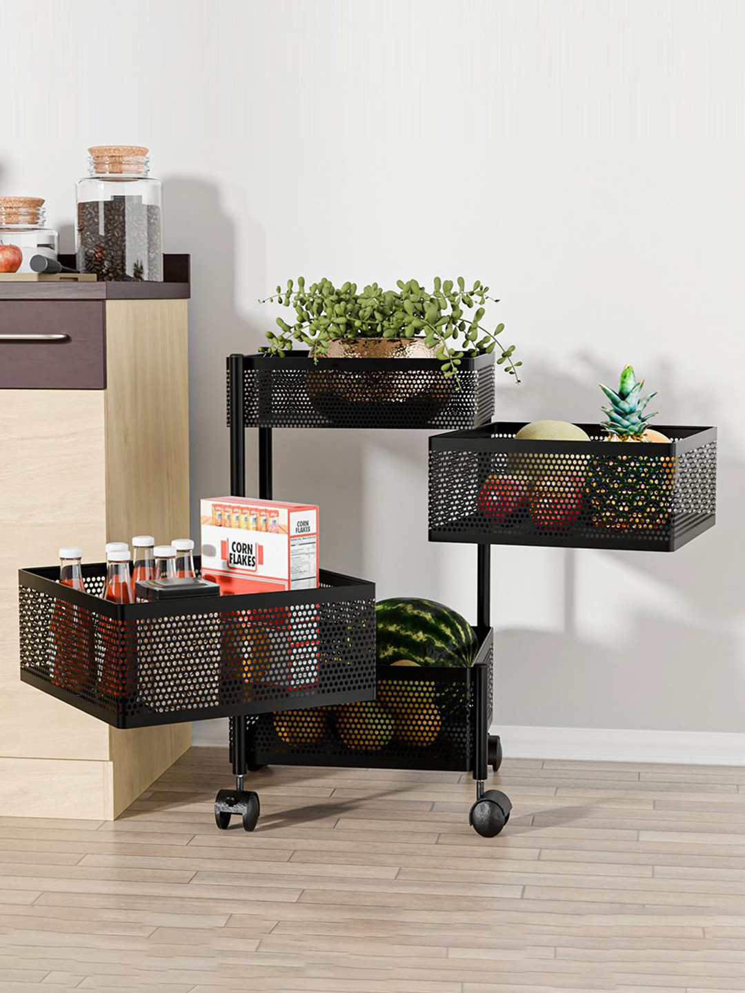 Kuber Industries 3+1 Layer Kitchen Metal Storage Rack with Wheels Black Kitchen Trolley