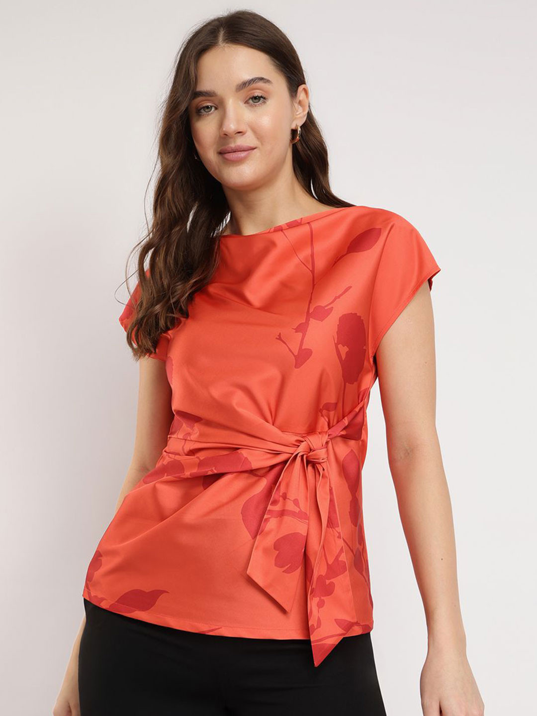 FableStreet Stretchable Satin Tie Up Top - Orange