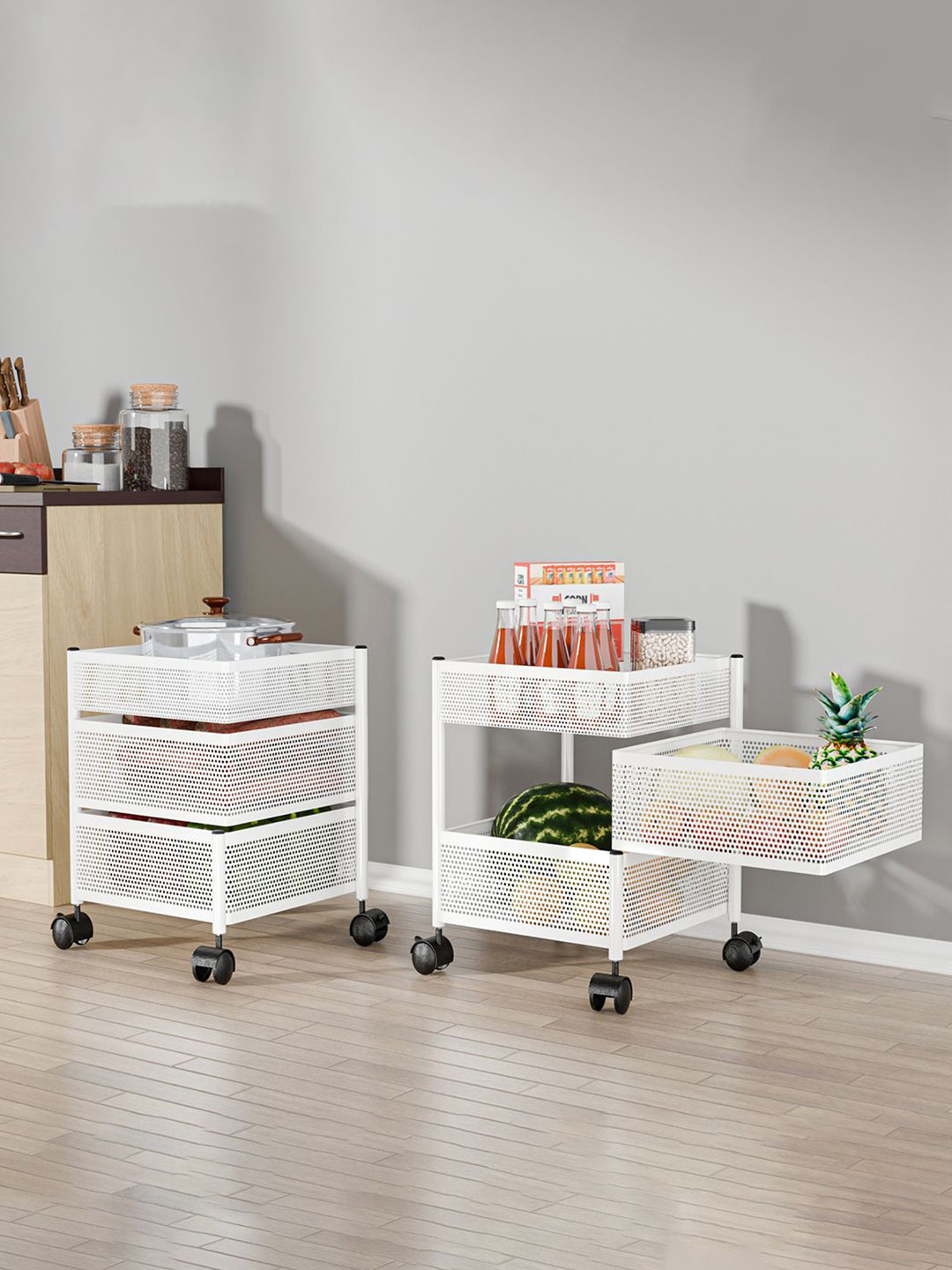Kuber Industries Unisex Pack of 2 Kitchen 2+1 Layer Metal Storage Kitchen Trolley White
