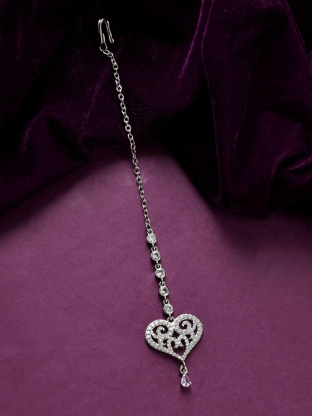 Voylla Rhodium-Plated American Diamond Studded Royal Romance Noorie Maang Tikka