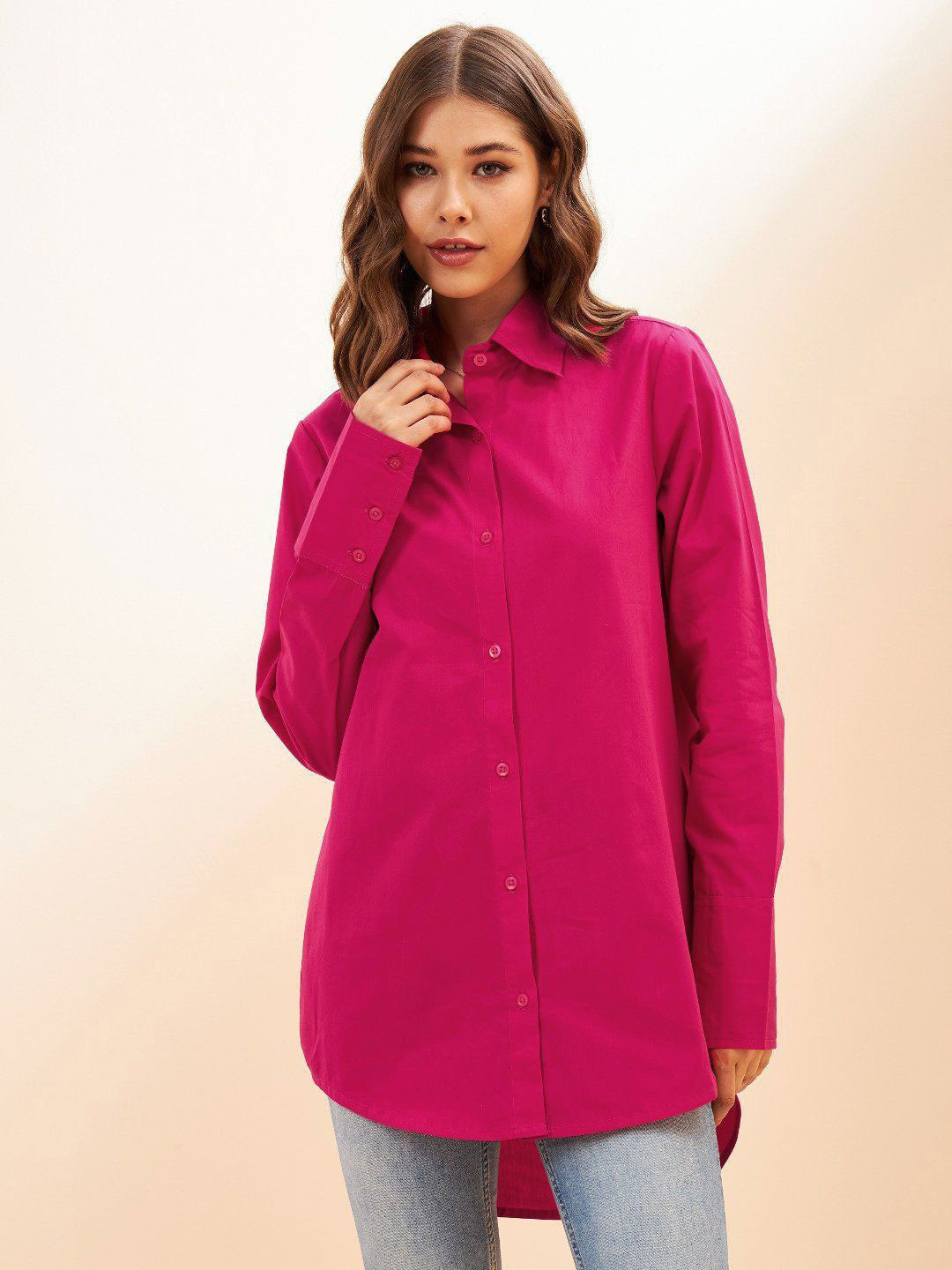 WHY SO FAB Women Comfort Oversized Fit Spread Collar Solid Cotton Casual Shirt