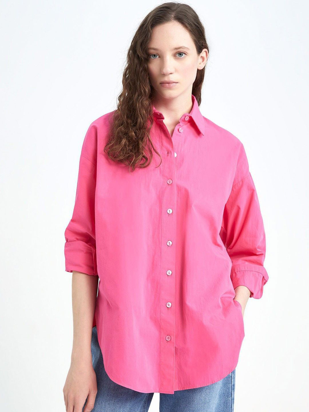 WHY SO FAB Women Comfort Oversized Fit Spread Collar Solid Cotton Casual Shirt