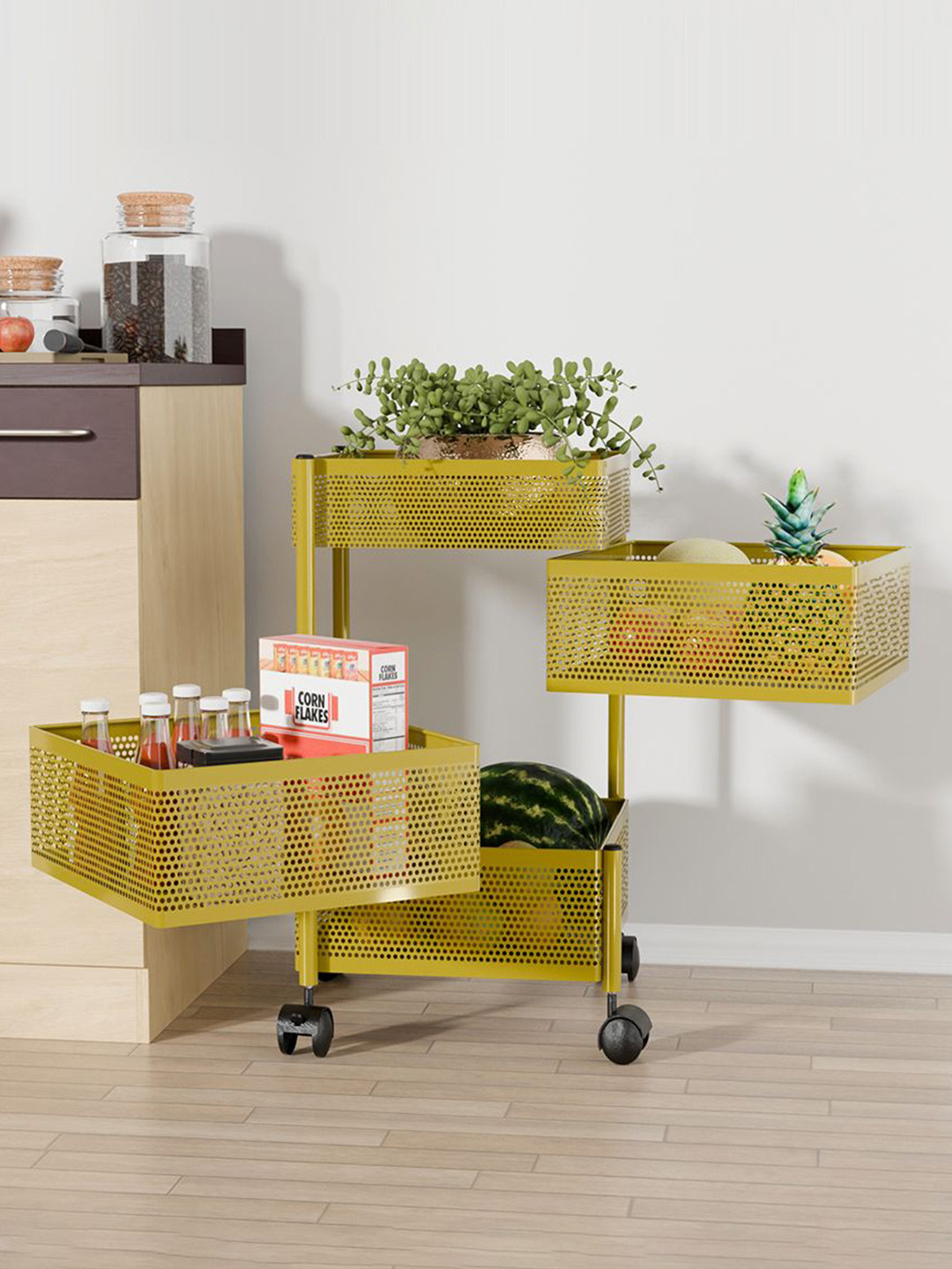 Kuber Industries 3+1 Layer Kitchen Metal Storage Rack with Wheels Gold Kitchen Trolley